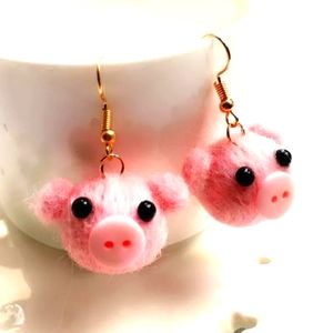 Pink Pig Fuzzy Button Statement Drop Earrings